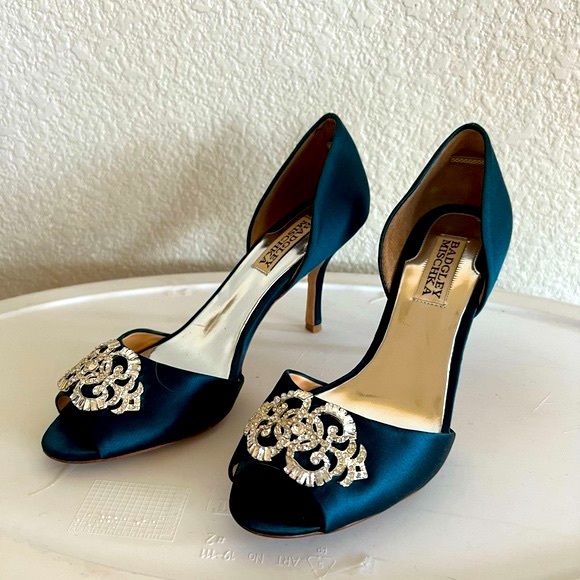 Badgley Mischka Teal Rhinestone Open Toe Heels - Picture 6 of 11